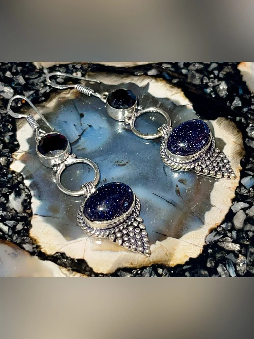 Deep Sparkly Bluestone Sandstone Earrings 2 1/2”